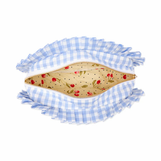 Blue and white gingham pouch with a floral interior on a white background