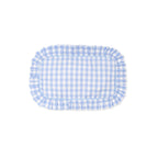 Blue and white gingham make up bag on a white background