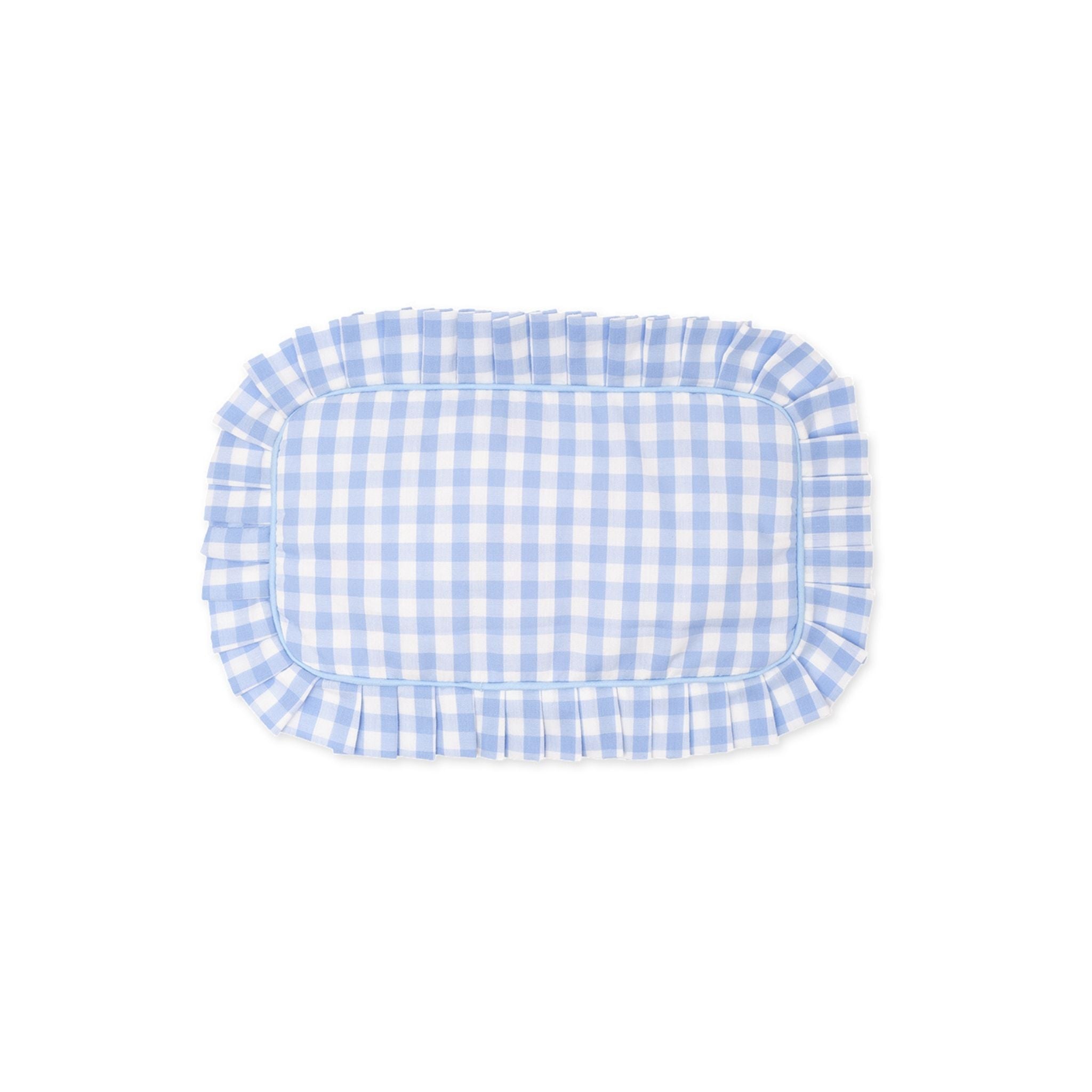 Blue and white gingham make up bag on a white background