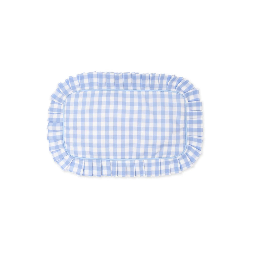 Blue and white checkered tray on a white background