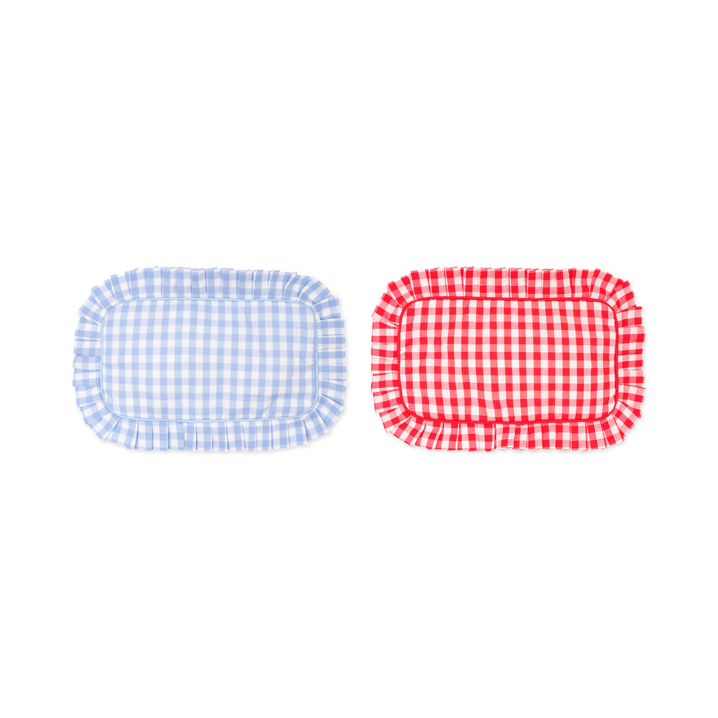 Two gingham travel bgs, one blue and one red, on a white background