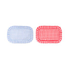 Two gingham travel bgs, one blue and one red, on a white background