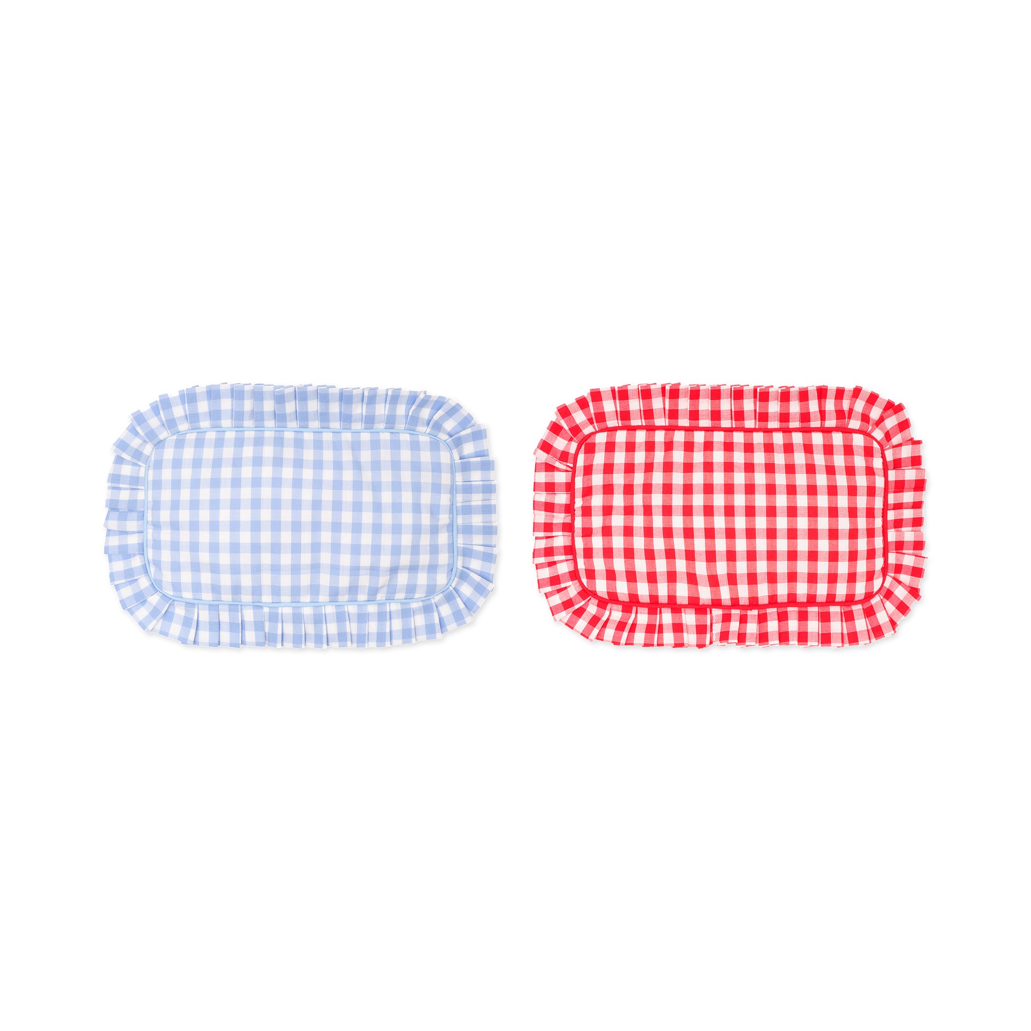 Two gingham travel bgs, one blue and one red, on a white background