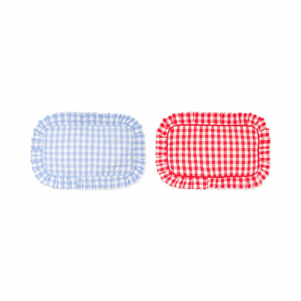 Two gingham platters, one blue and one red, on a white background