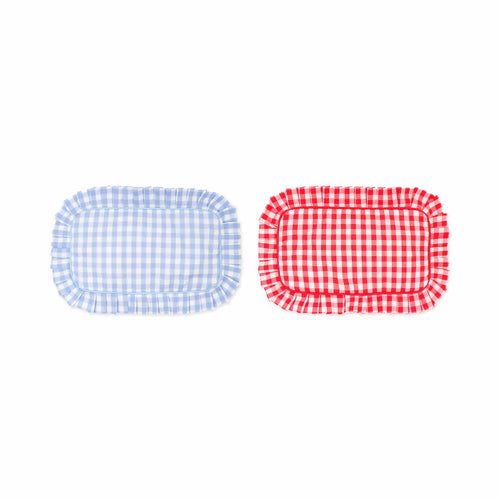 Two gingham platters, one blue and one red, on a white background