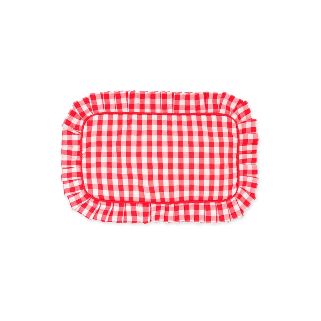red and white gingham travel pouch on a white background