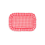 red and white gingham travel pouch on a white background