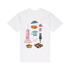 White t-shirt with colorful with retro graphic design on a white background