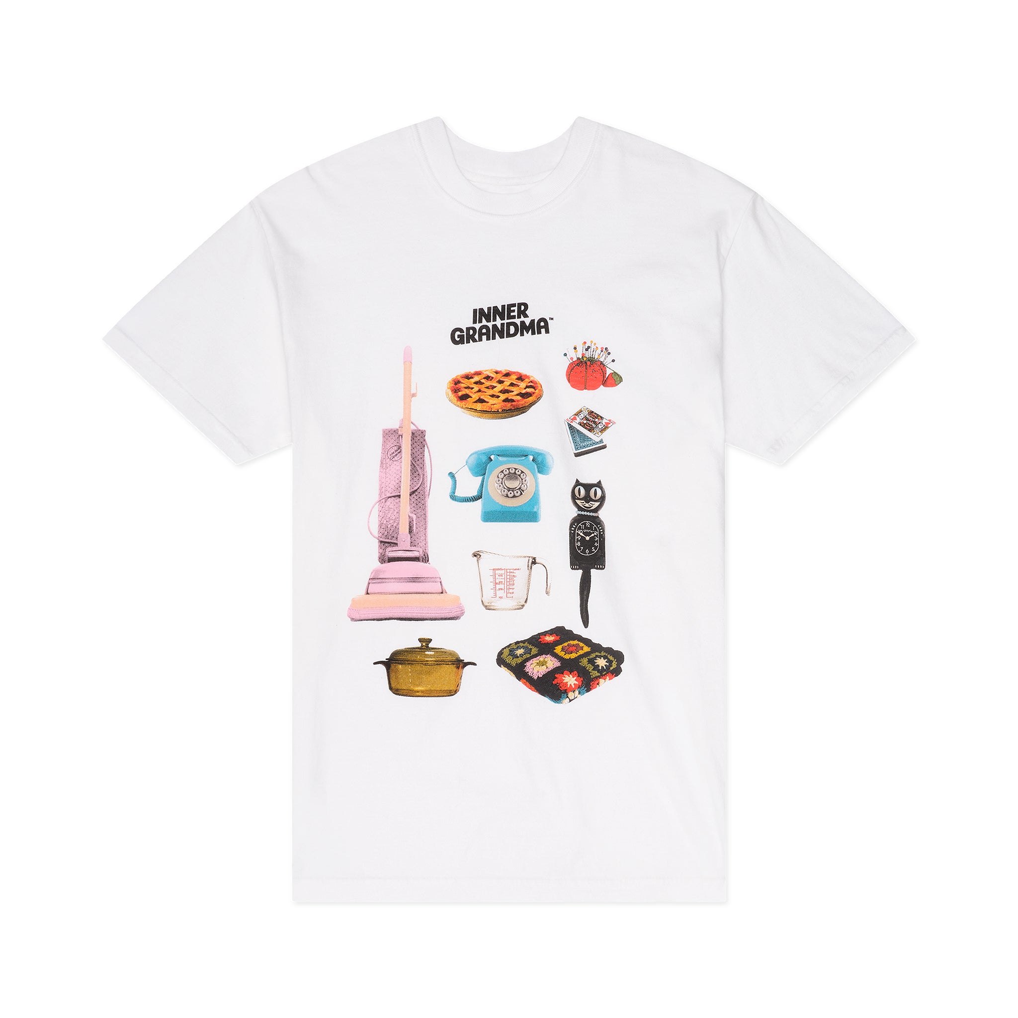 White t-shirt with colorful with retro graphic design on a white background