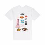white t-shirt with retro graphic designs in a kitchen setting