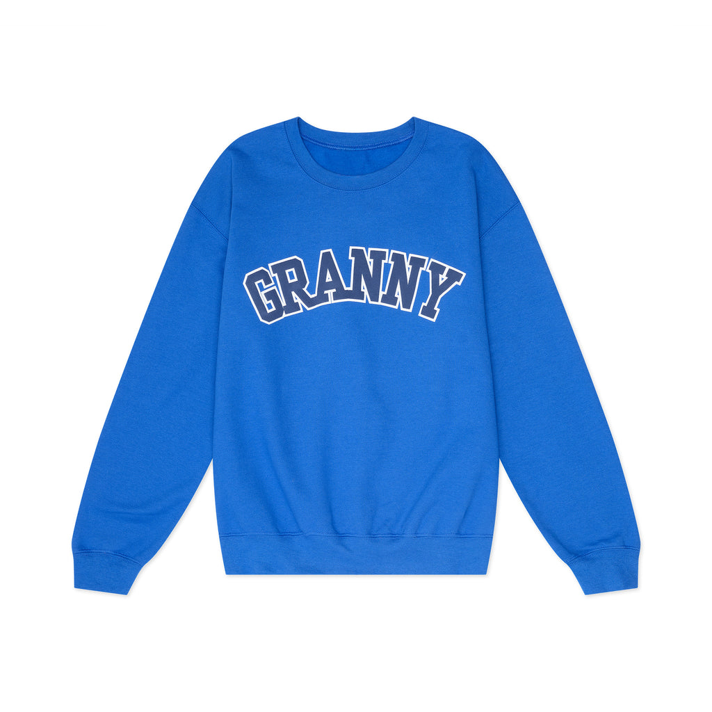 Blue sweatshirt with "GRANNY" across the front in navy on a white background