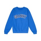 Blue sweatshirt with "GRANNY" across the front in navy on a white background