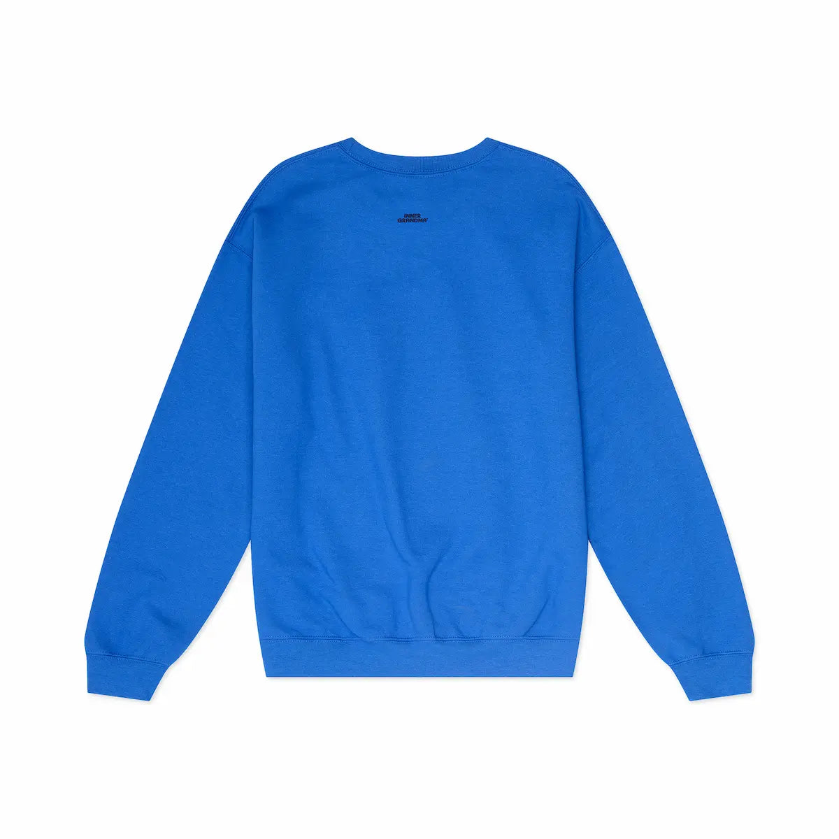 Blue sweatshirt on a white background with small "Inner Grandma" on the top of the neck