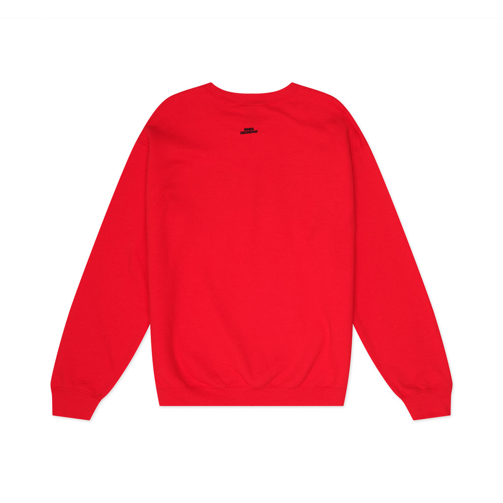Red sweatshirt with a logo on the back against a white background