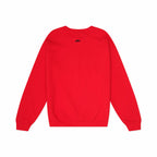 Red sweatshirt with a logo on the back against a white background