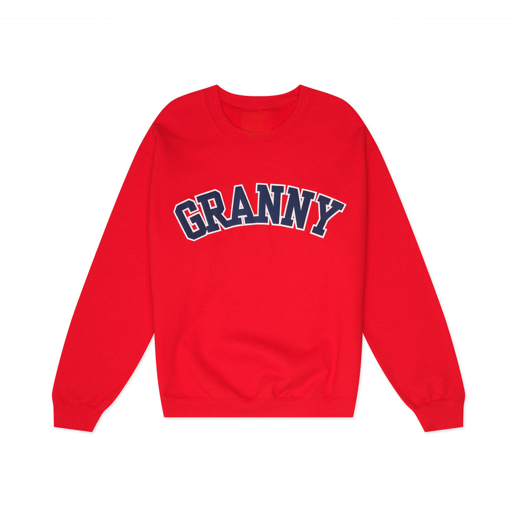 Red sweatshirt with 'GRANNY' text on a white background