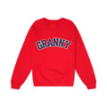Red sweatshirt with 'GRANNY' text on a white background