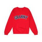 Red sweatshirt with 'GRANNY' text on a white background