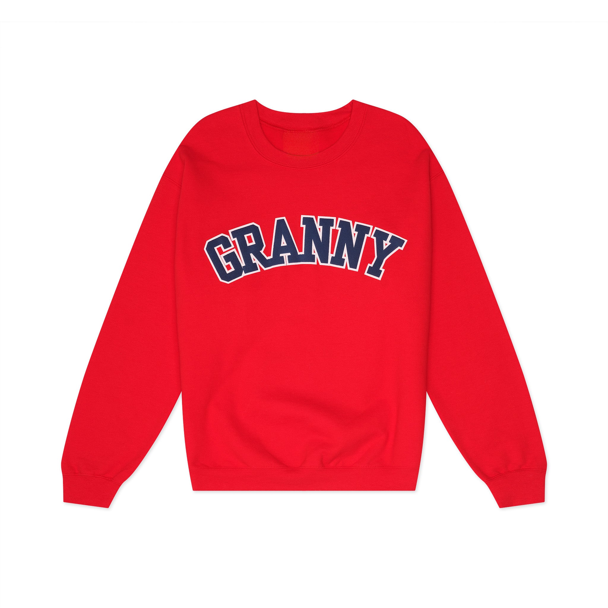 Red sweatshirt with 'GRANNY' text on a white background