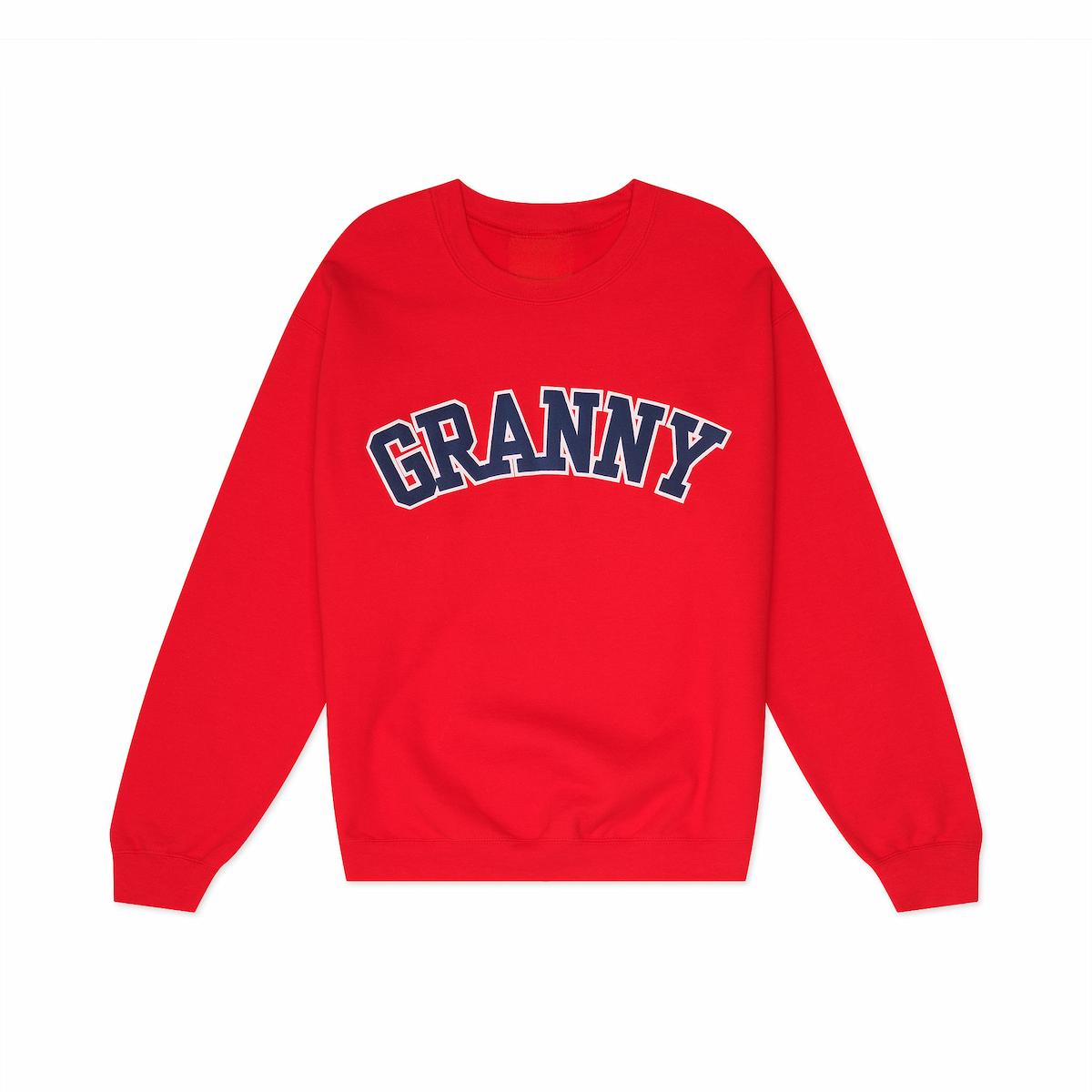 Red sweatshirt with 'GRANNY' text on a white background