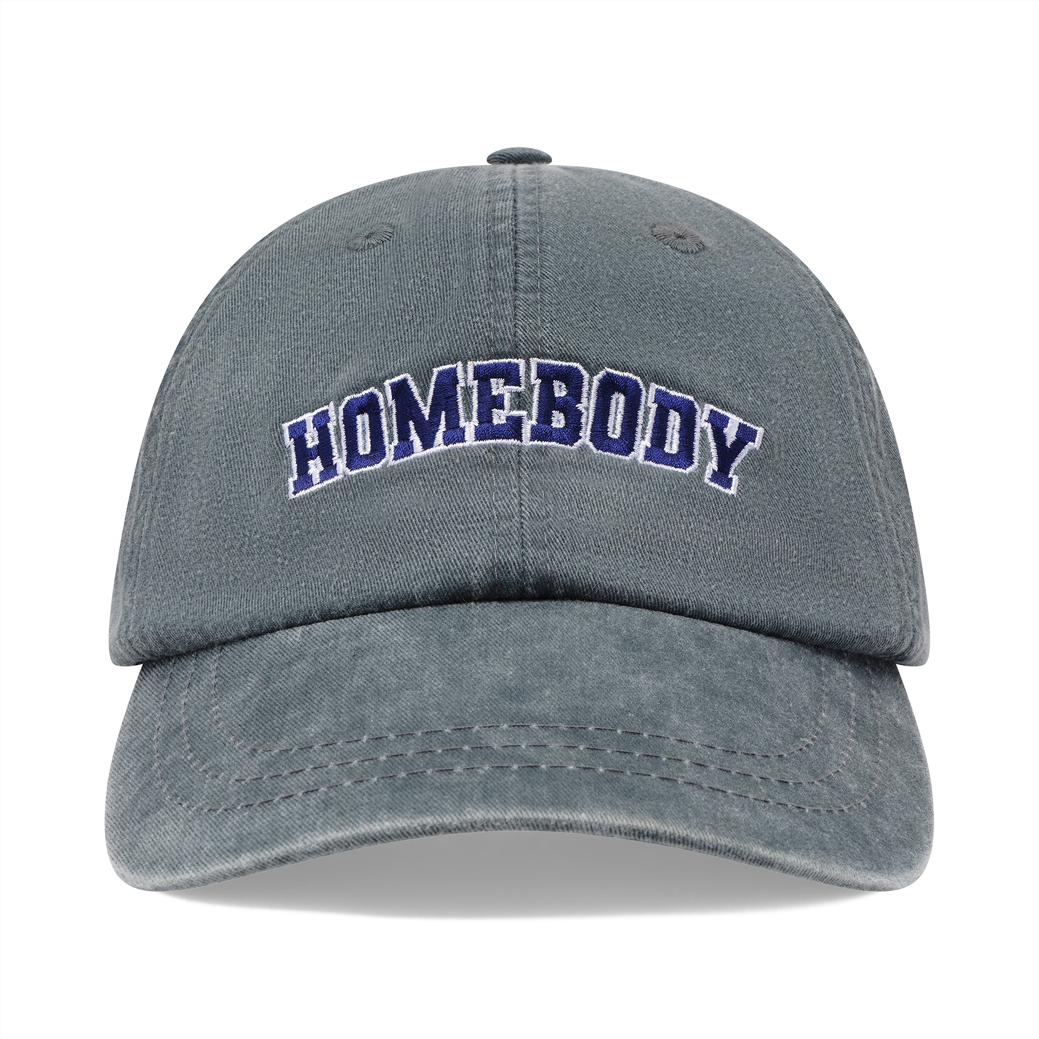 Gray cap with 'HOMEBODY' text on a white background