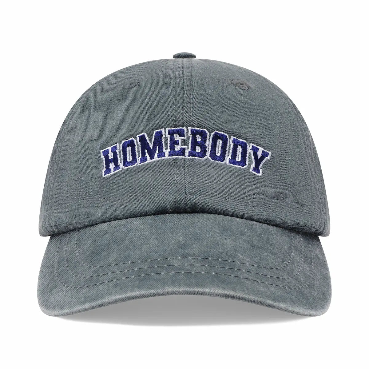 Gray cap with 'HOMEBODY' text on a white background
