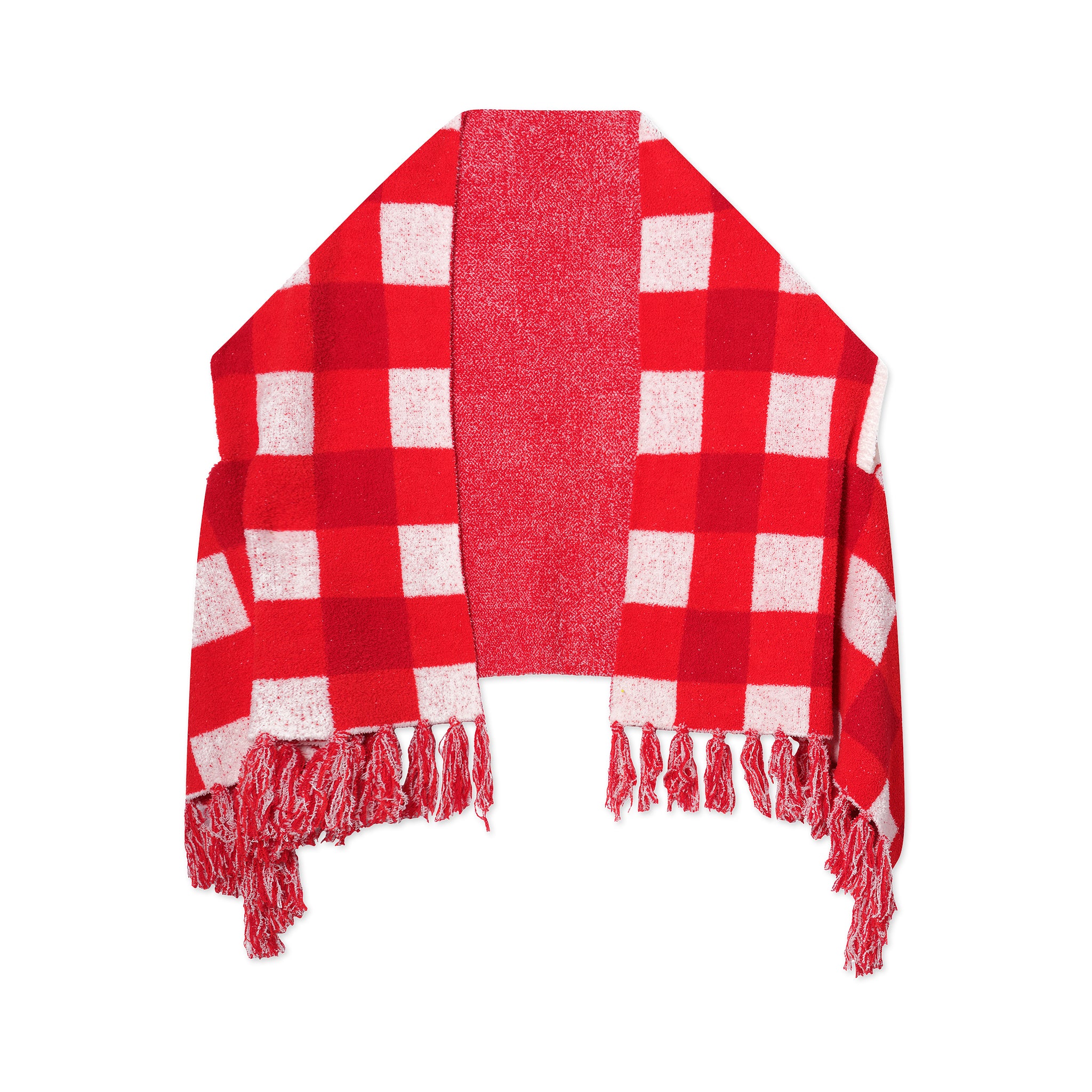 Red and white checkered scarf with fringes on a white background