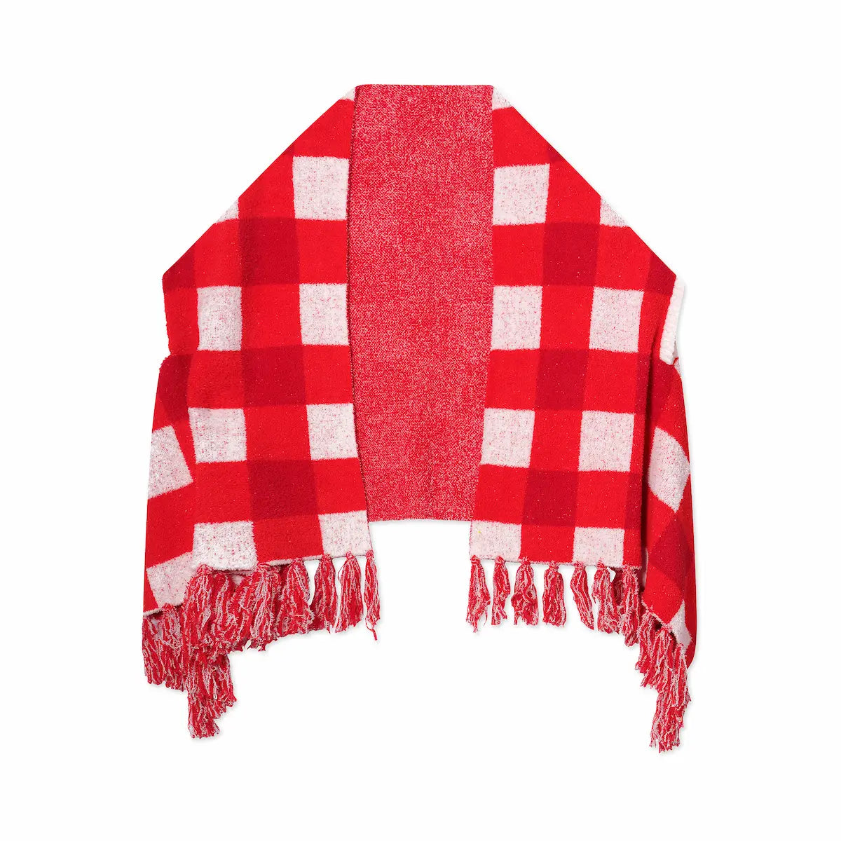 Red and white checkered shawl with fringes on a white background