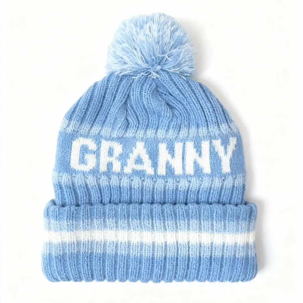 Blue and white winter beanie with pom on top and "GRANNY" across 