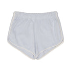 Light blue shorts with white trim on a white background