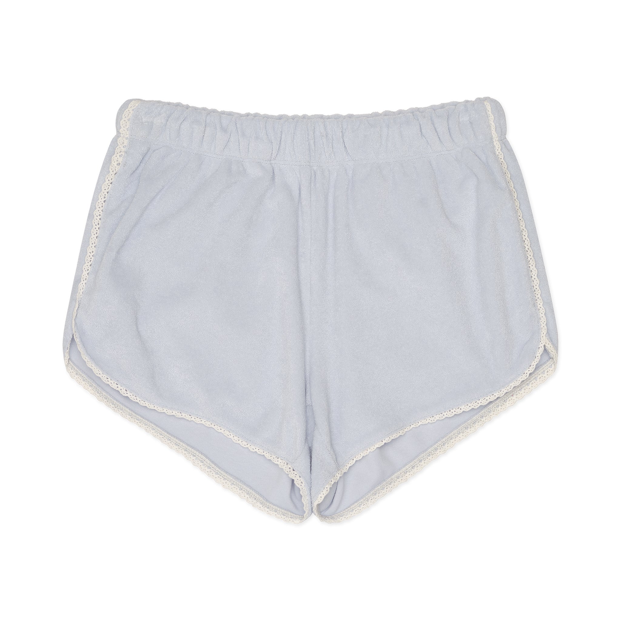 Light blue shorts with white trim on a white background