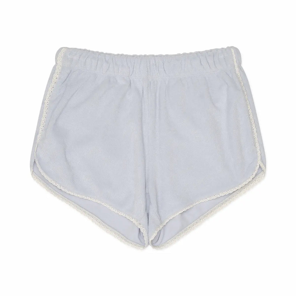 Light blue shorts with white trim on a white background