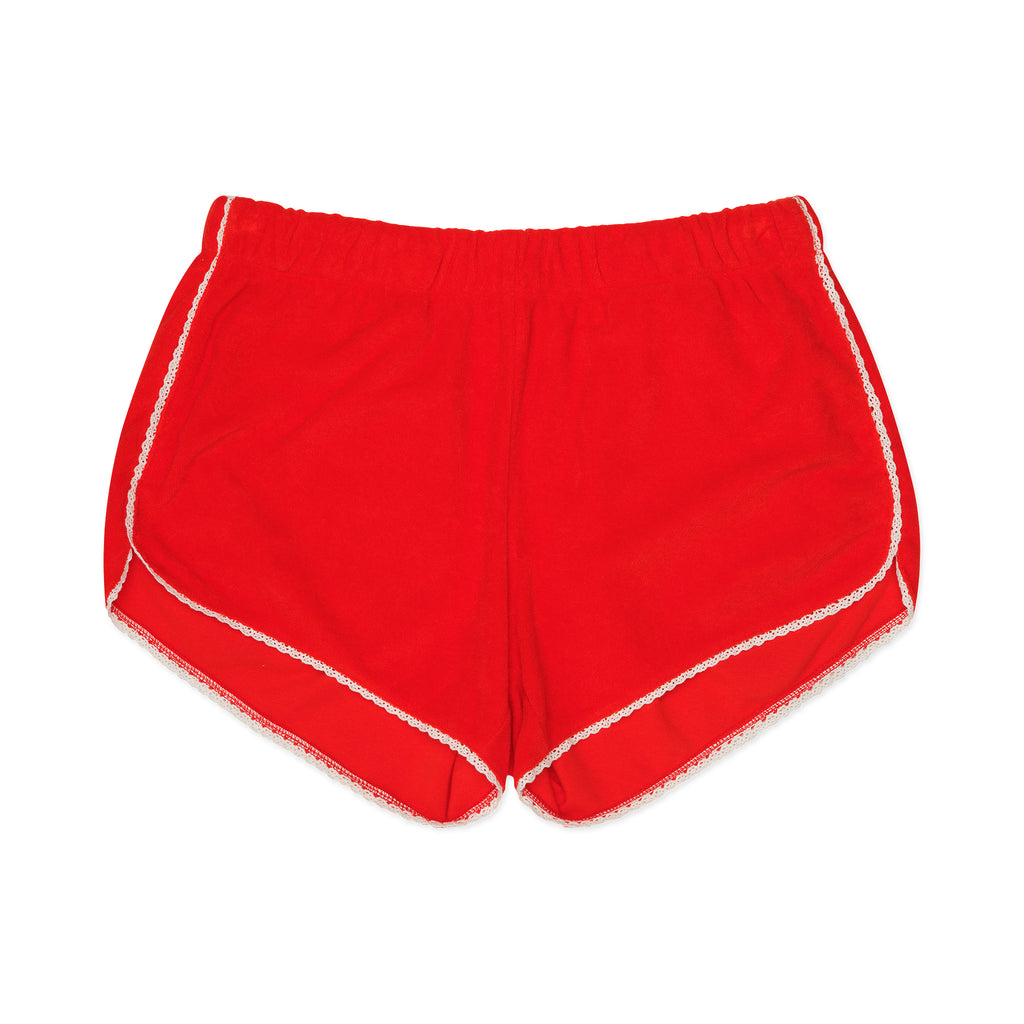 Red shorts with white trim on a white background