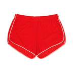 Red shorts with white trim on a white background