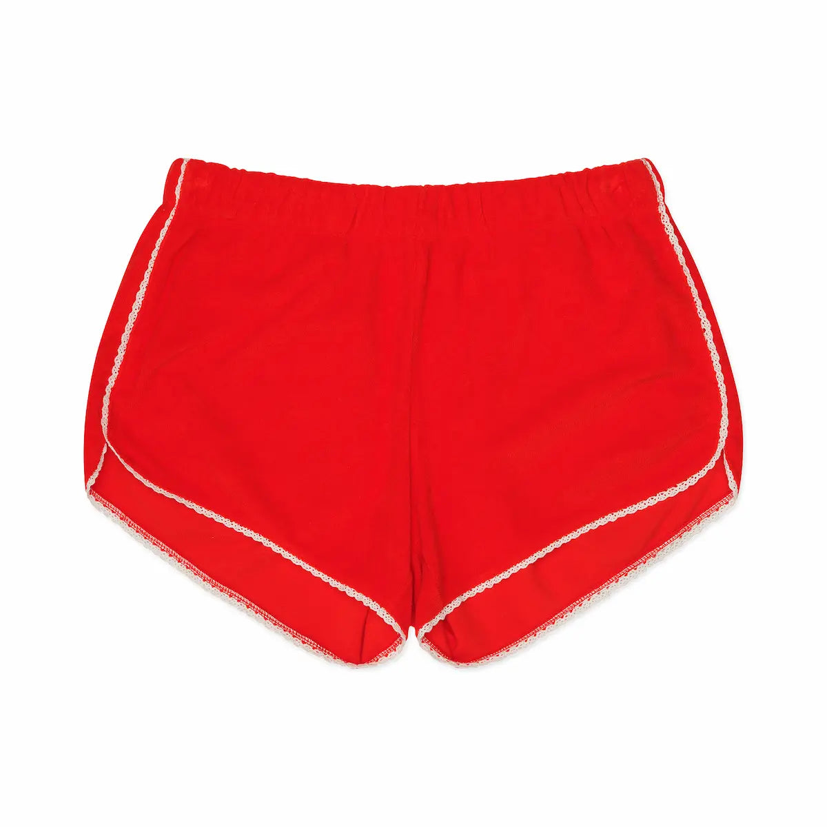 Red shorts with white trim on a white background