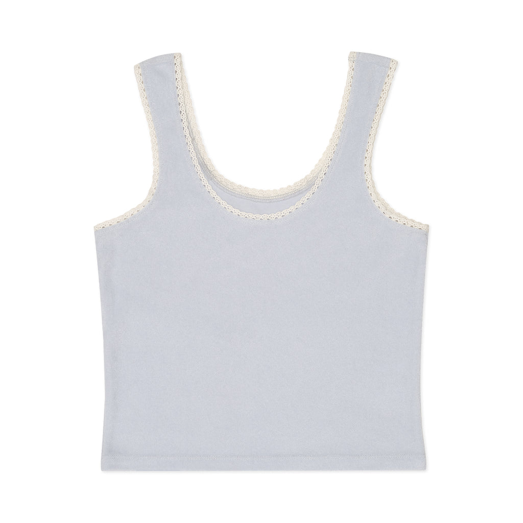 Light blue tank top with white trim on a white background