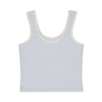 Light blue tank top with white trim on a white background