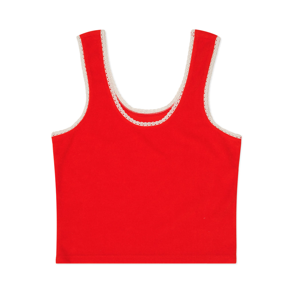 Red tank top with white lace trim on a white background