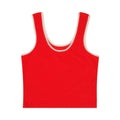 Red tank top with white lace trim on a white background