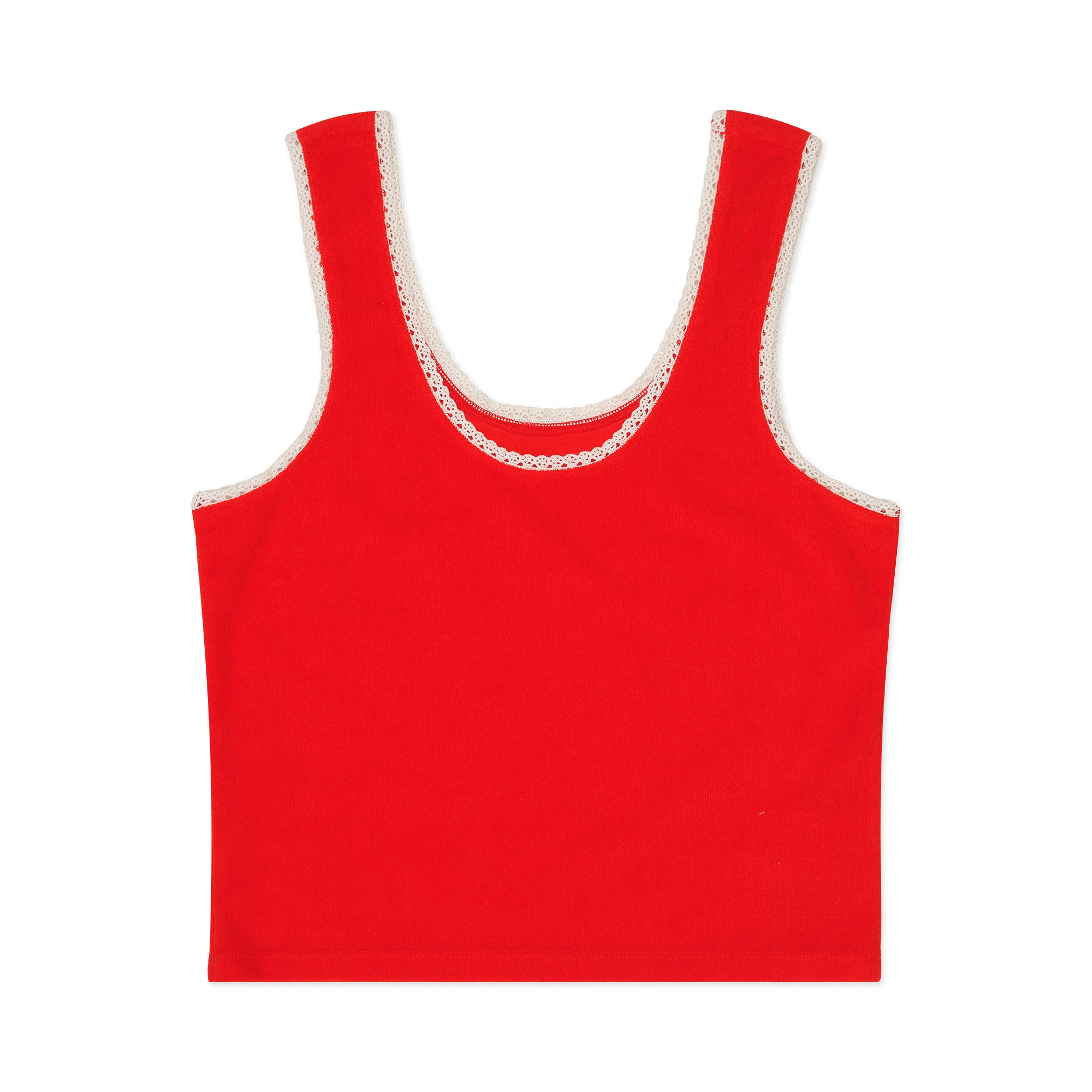 Red tank top with white lace trim on a white background