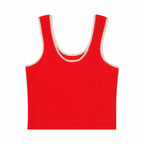 Red tank top with white lace trim on a white background