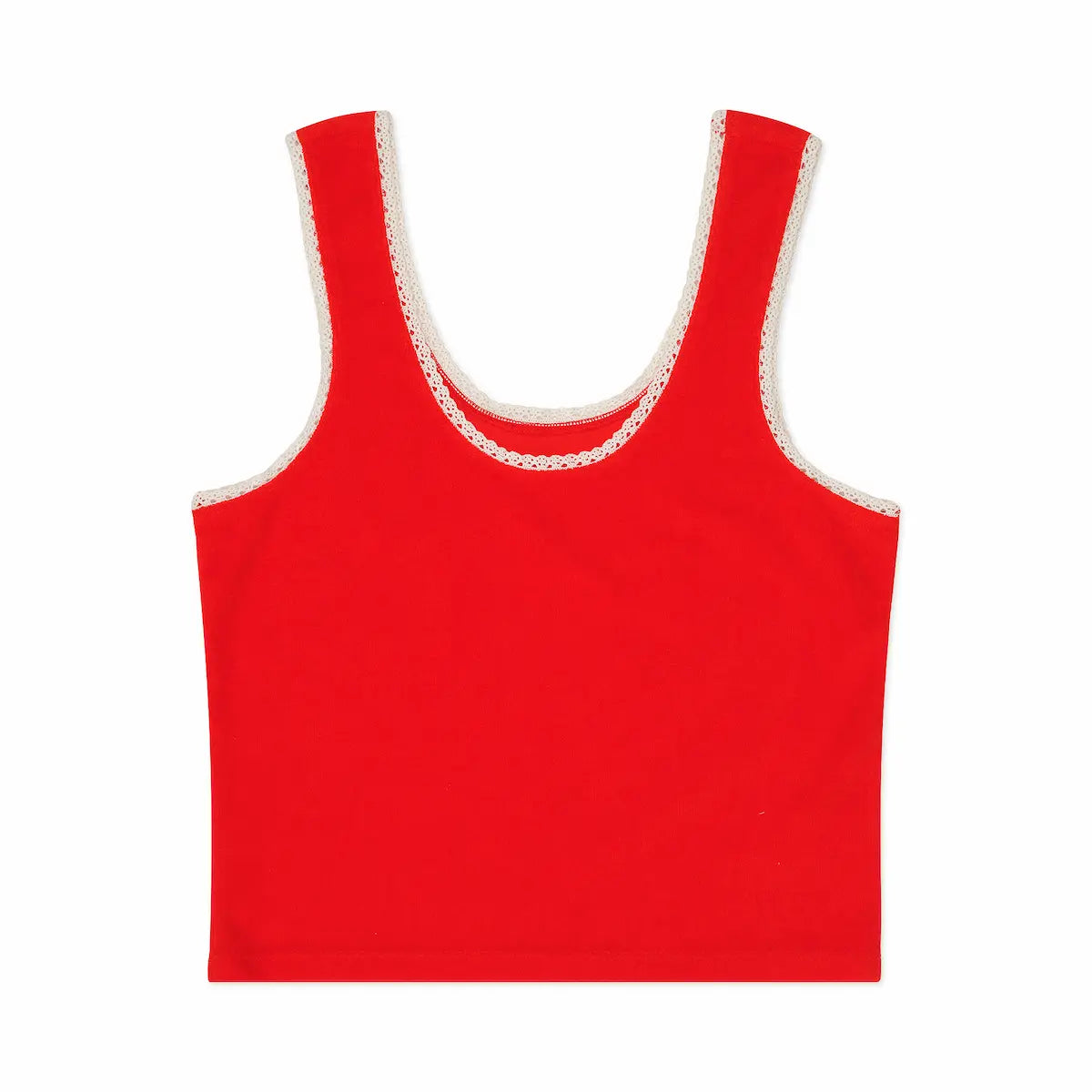 Red tank top with white lace trim on a white background