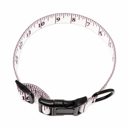 Dog collar measurement tape designed with a black clip on a white background