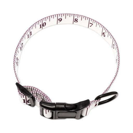 Dog collar measurement tape designed with a black clip on a white background