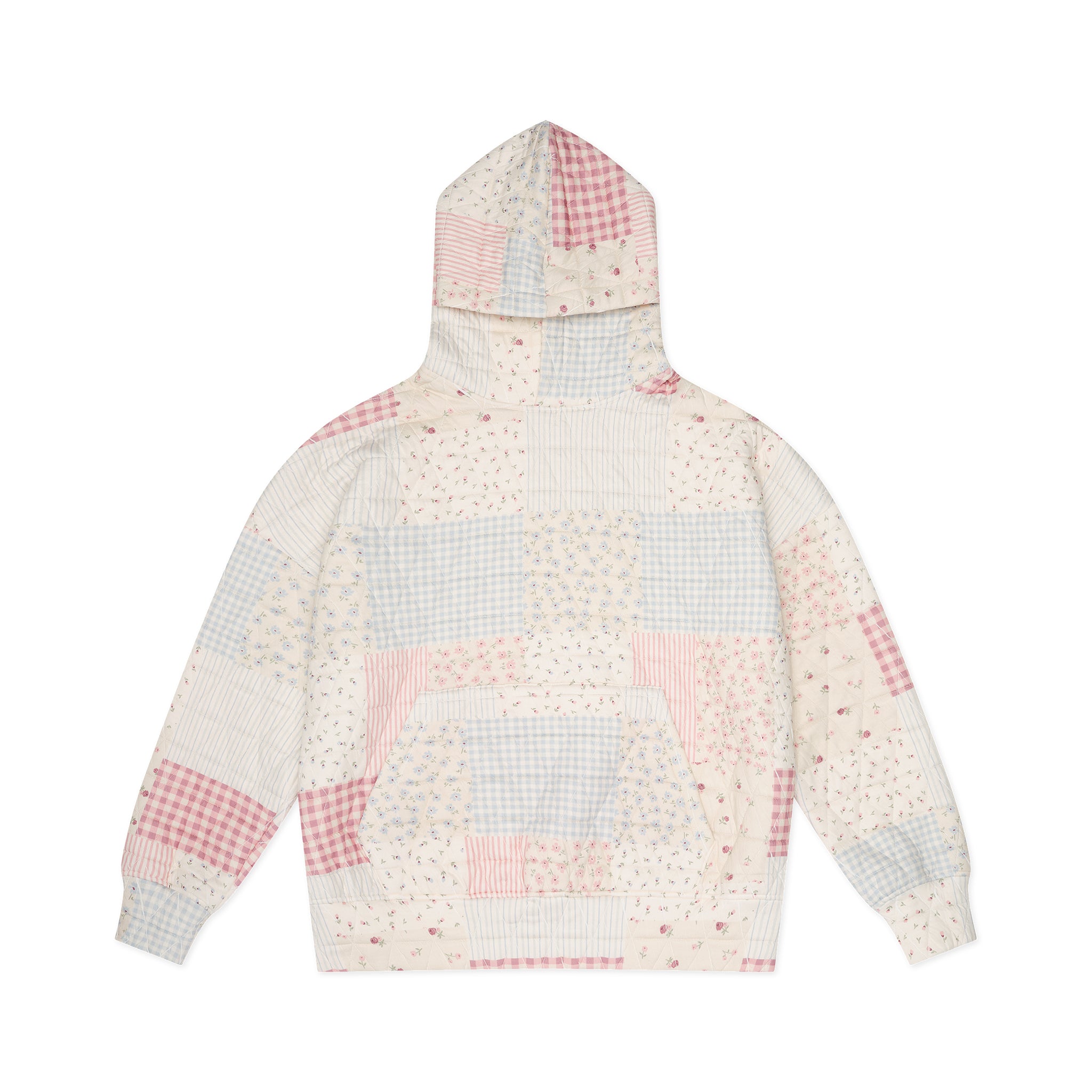 Patchwork quilt-style hoodie on a white background