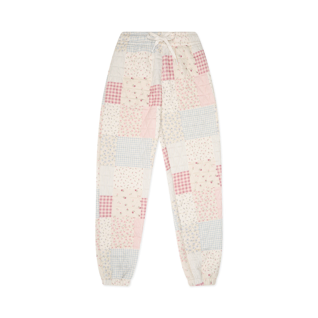 Checkered pants with pink and gray pattern on a white background