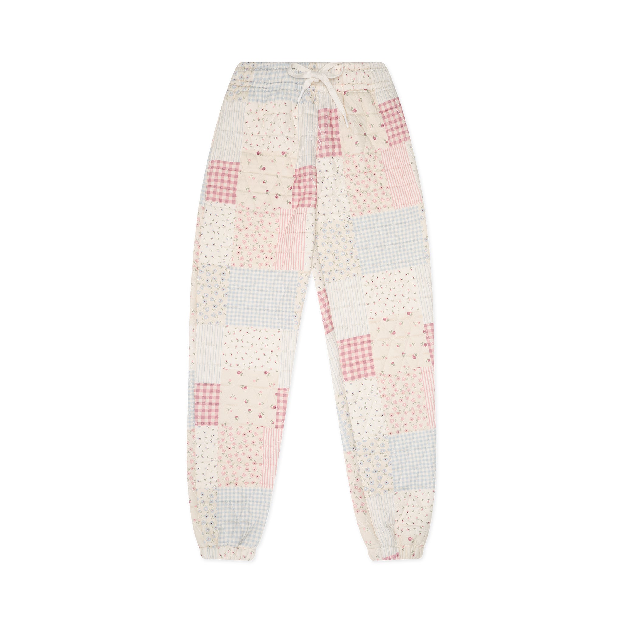 Checkered pants with pink and gray pattern on a white background