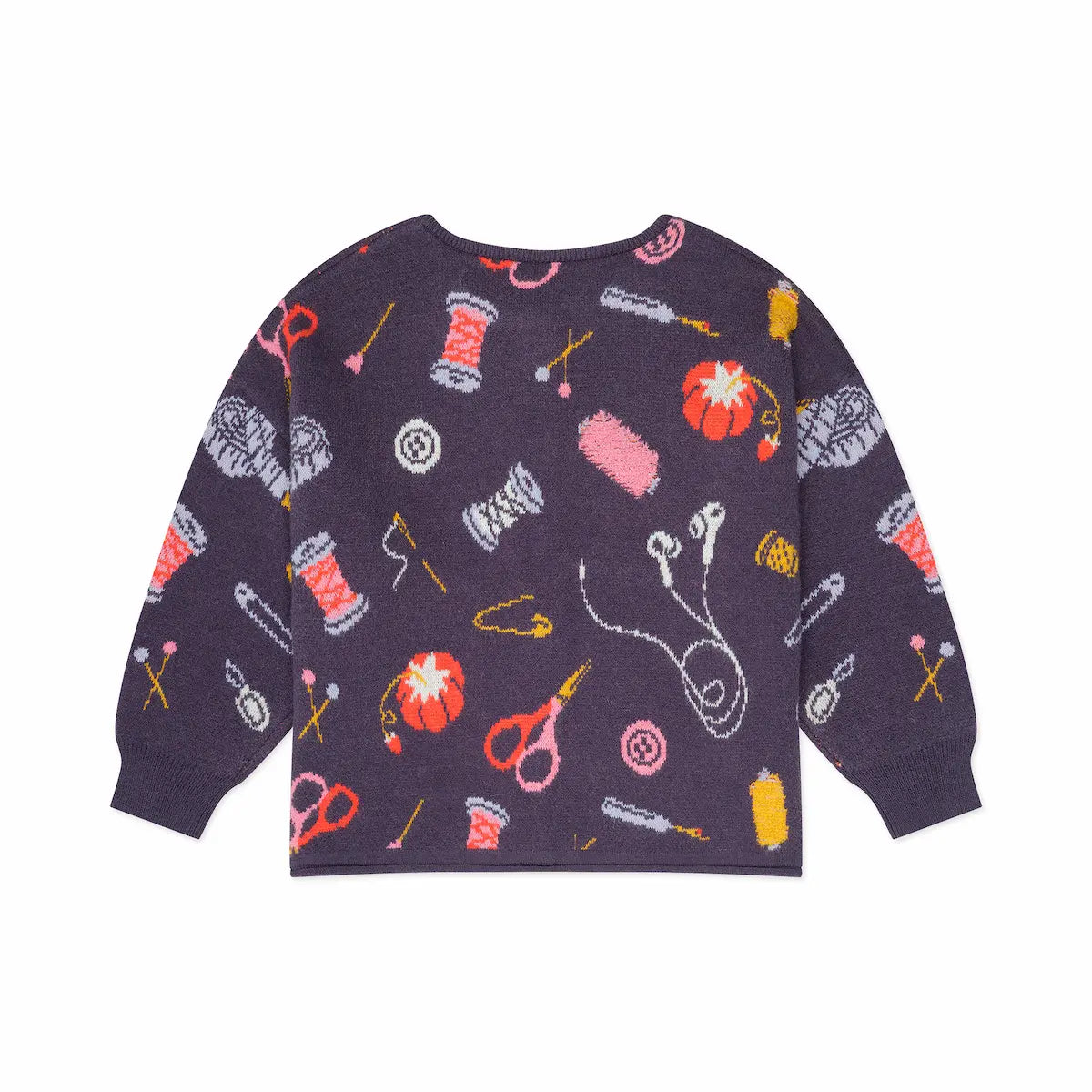 Back view of sweater with sewing-themed pattern on a white background