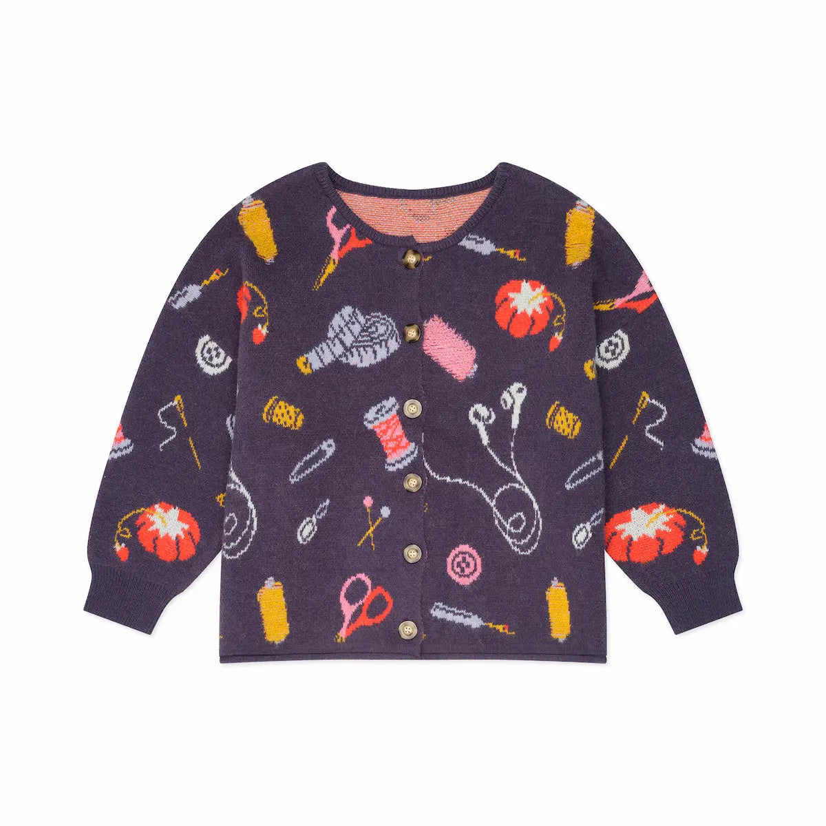 Sweater with colorful sewing tools pattern on a white background