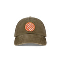 Front view of the Olive green baseball hat with a pie patch on a white backround.